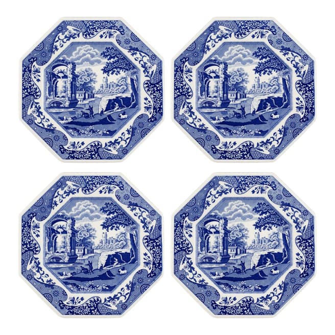 Spode Set of 4 Blue Italian Octagonal Plates, 24cm