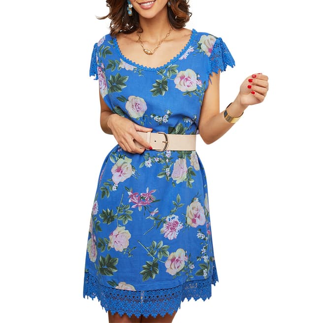 LE MONDE DU LIN Blue/Multi Floral Linen Dress