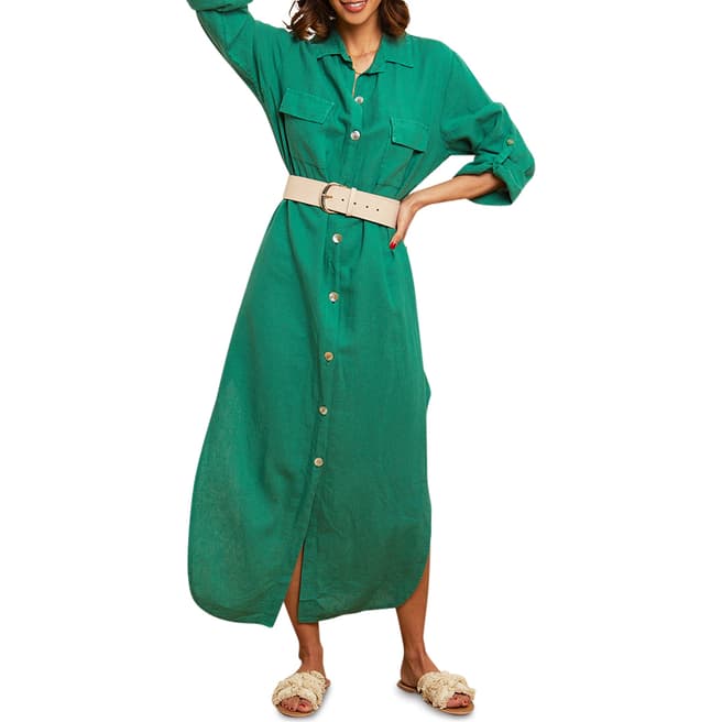 LE MONDE DU LIN Green Long Linen Shirt Dress