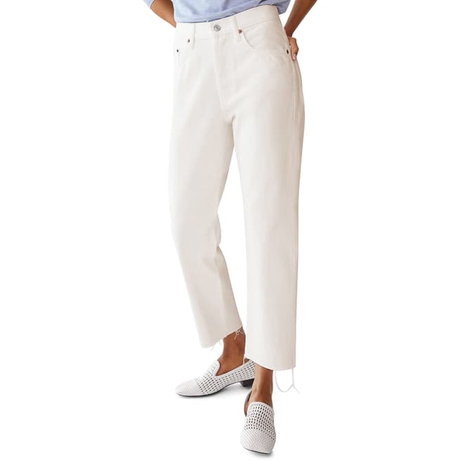 Mango White Straight Fit Cotton Cropped Jeans