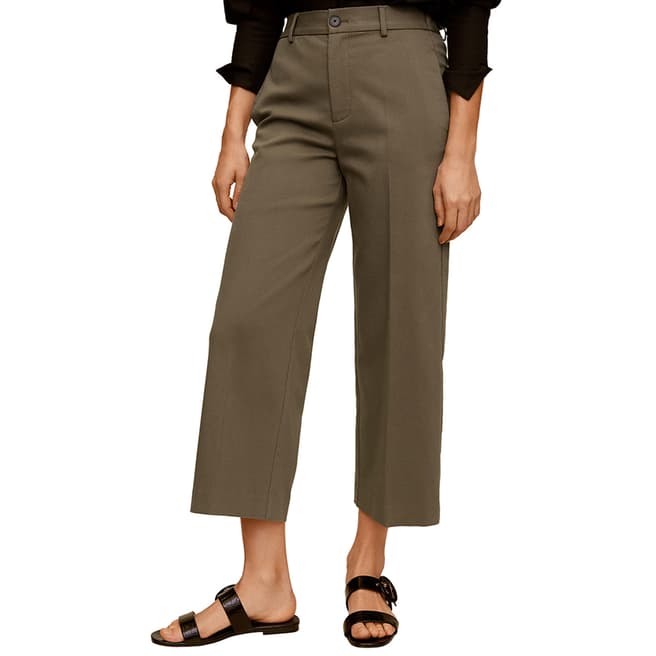 Mango Khaki Relaxed Fit Cropped Cotton Blend Trousers