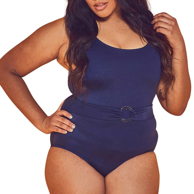 Wolf & Whistle Navy Belted Plunge Swimsuit Curve