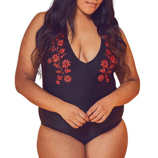 Wolf & Whistle Black Embroidered Plunge Swimsuit Curve