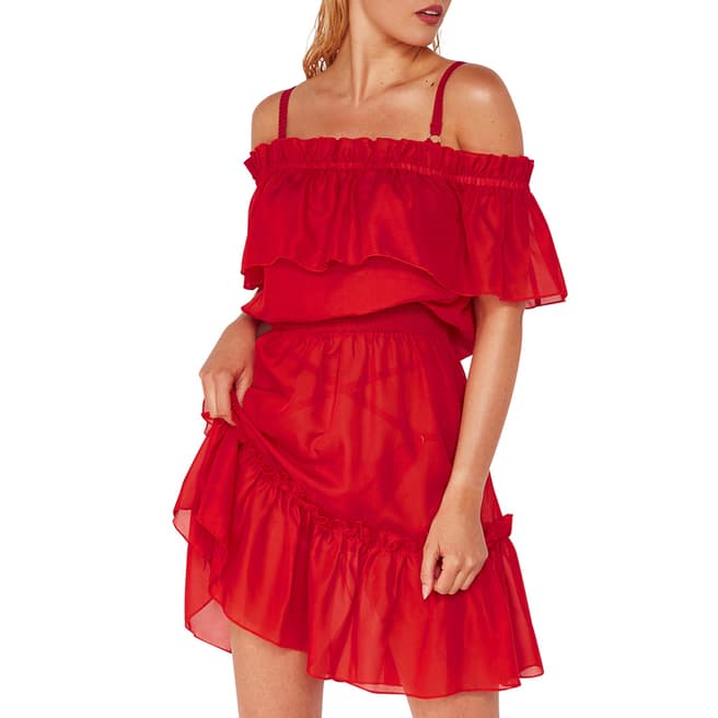 Wolf & Whistle Red Bardot Frill Beach Dress