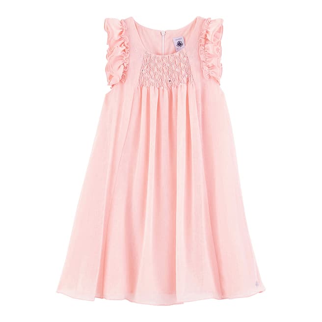 Petit Bateau Kid's Girl's Pink Short-Sleeved Embellished Detail Crepe Dress