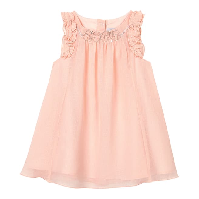 Petit Bateau Baby Girl's Pink Short-Sleeved Embellished Detail Crepe Dress