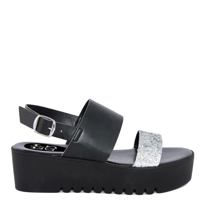 Firenze Studio Black Leather And Textile Wedge Sandals