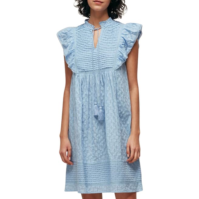 WHISTLES Blue Pintuck Frill Cotton Dress