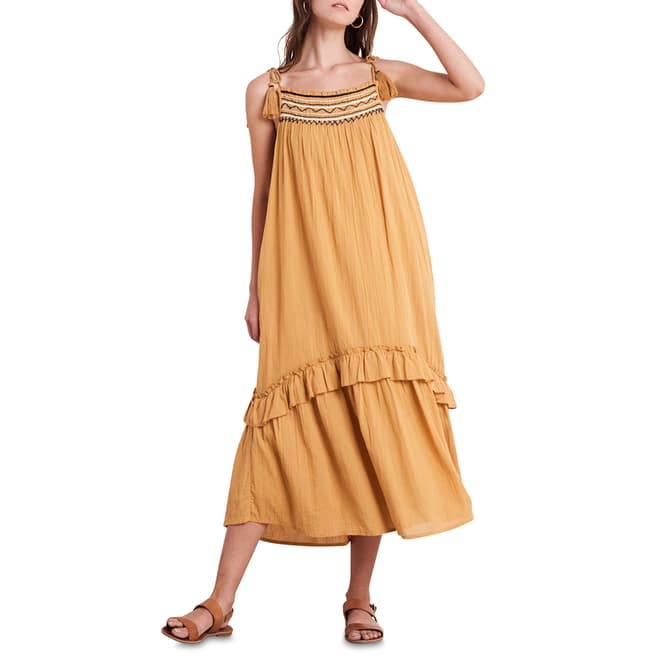 Velvet By Graham and Spencer Mustard Embroidered Cotton Maxi Dress