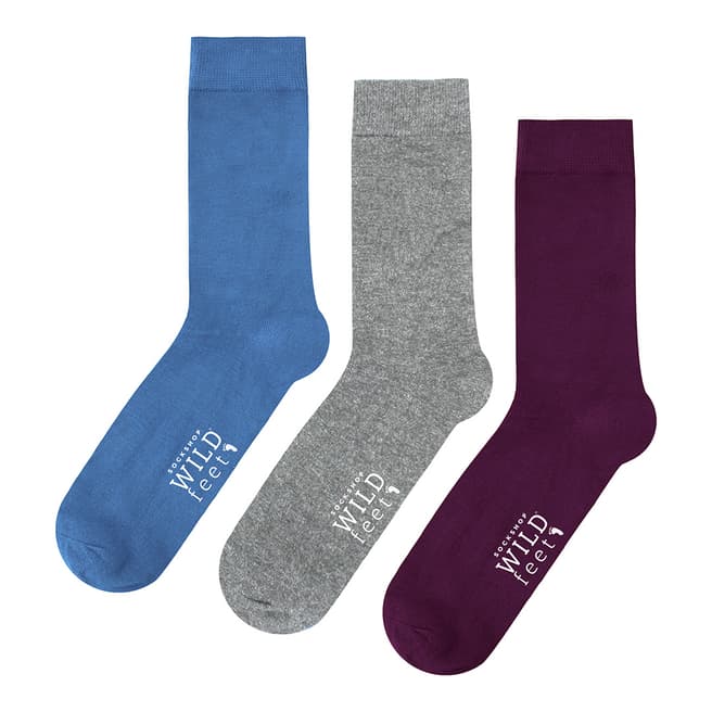 Wild Feet Blue/Grey/Purple 3 Pack Plain Socks
