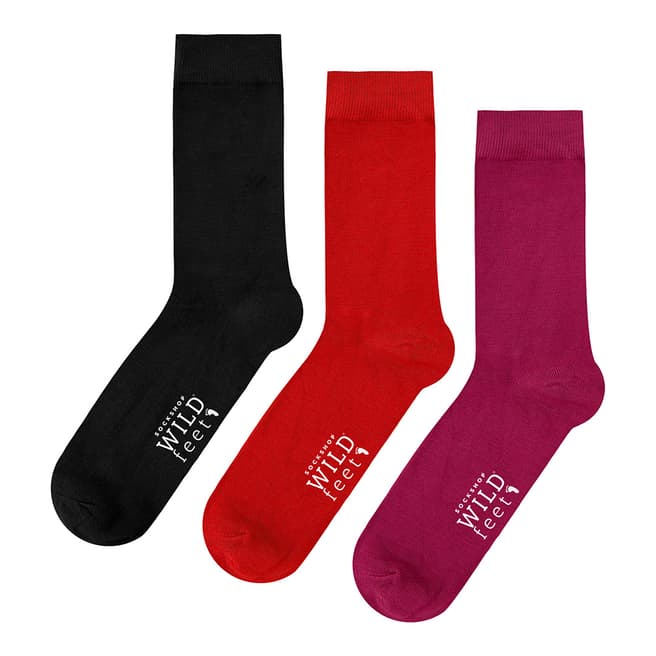 Wild Feet Black/Red 3 Pack Plain Socks