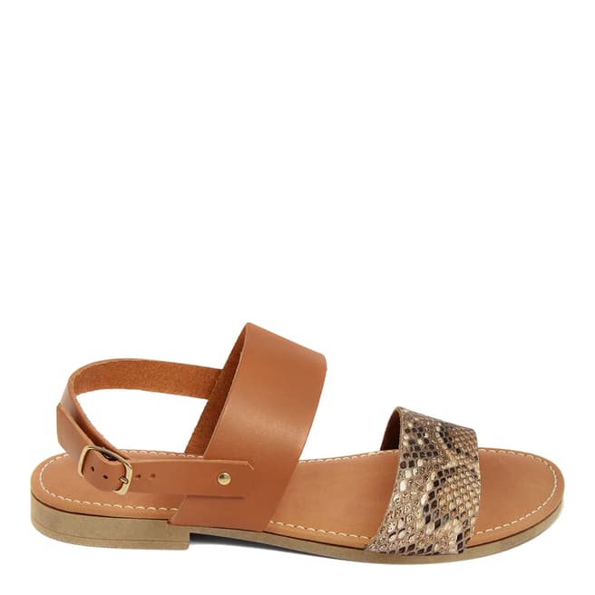 Via Fratina Brown/Brown Snake Leather Mix Double Strap Flat Sandals