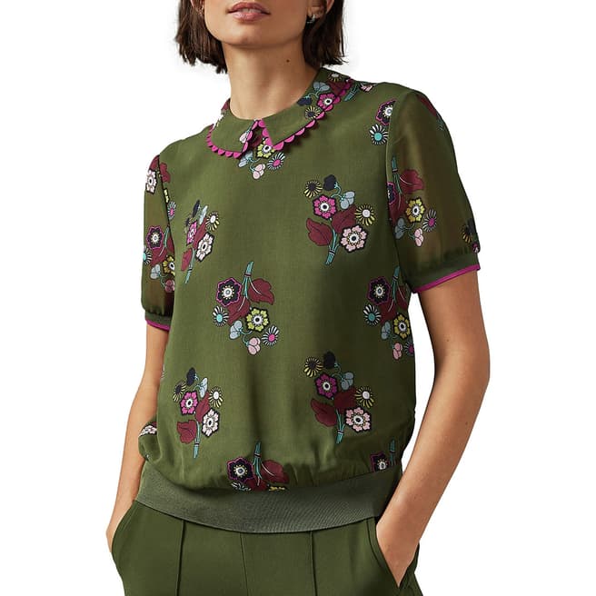 Ted Baker Khaki Cleiss Scallop Trim Collar Top