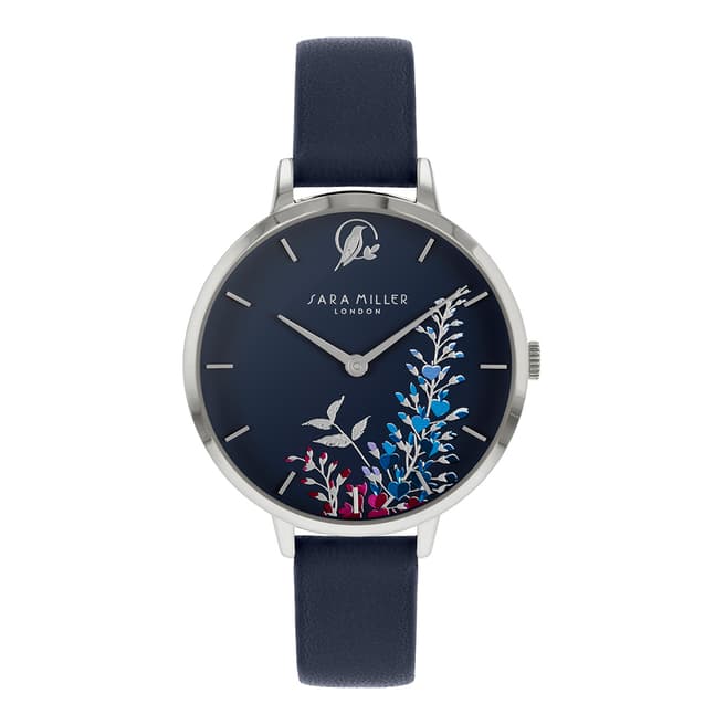 Sara Miller Navy Floral Print Dial Leather Watch 34mm