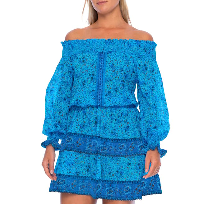 Poupette St Barth Blue Watercolour Sylvia Off Shoulder Mini Dress