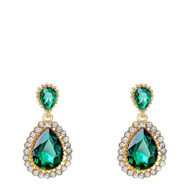 Liv Oliver 18K Gold Plated Green Embellished Halo Pear Drop Earrings