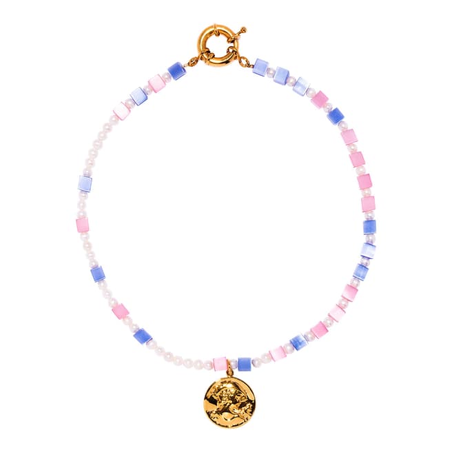 Timeless Pearly Pink Blue Medallion Pendant Necklace