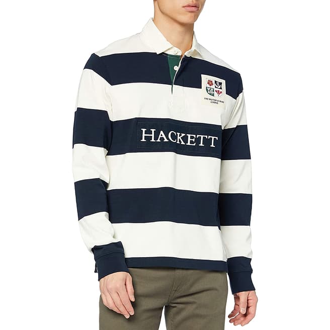 Hackett London Navy Lions Stripe Cotton Rugby Top