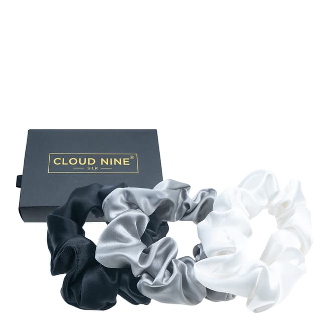 Cloud Nine Mulberry Silk Set of 3 Large Scrunchies, White/Platinum/Black