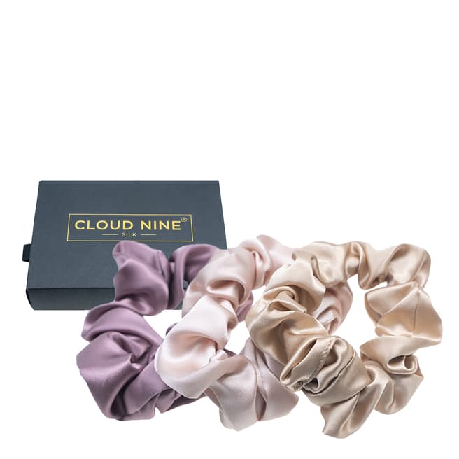 Cloud Nine Mulberry Silk Set of 3 Large Scrunchies, Mauve/Blush/Gold