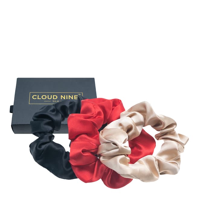 Cloud Nine Mulberry Silk Set of 3 Large Scrunchies, Gold/Red/Black