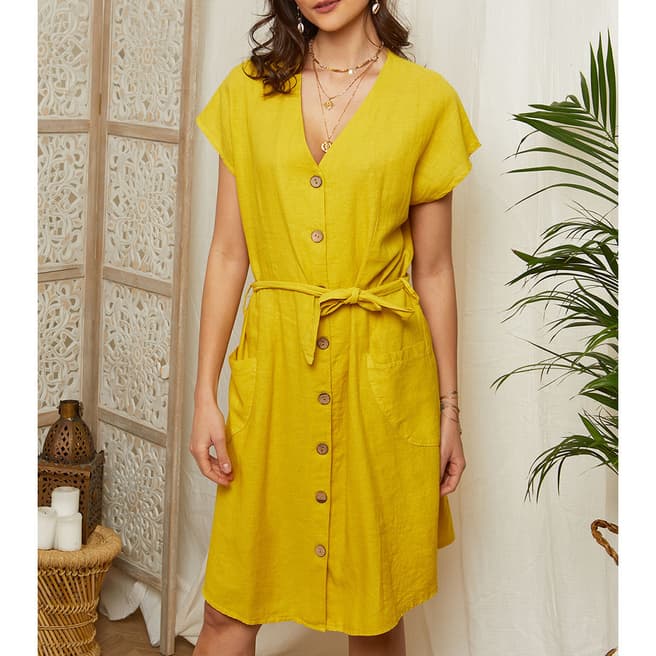 LIN PASSION Yellow Tie Waist Linen Mini Dress