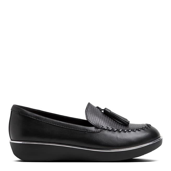 FitFlop Black Leather Petrina Lizard-Embossed Moccasin Loafers