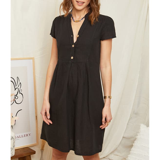 Rodier Black Button Linen Mini Dress