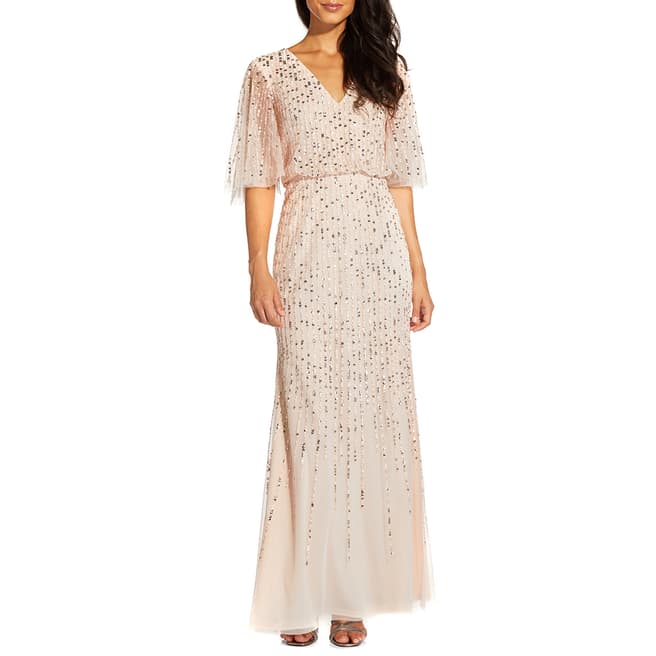 Adrianna Papell Nude Beaded Blouson Gown