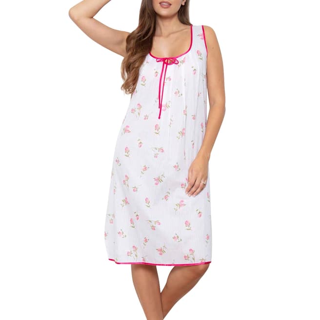 Cottonreal Pink/White Deluxe Voile Rosebud Mid Length Nightdress