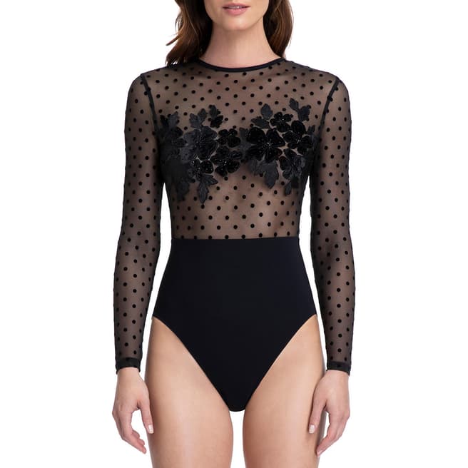 Gottex Black Polka Dot Couture Carina Sheer Long Sleeve Swimsuit