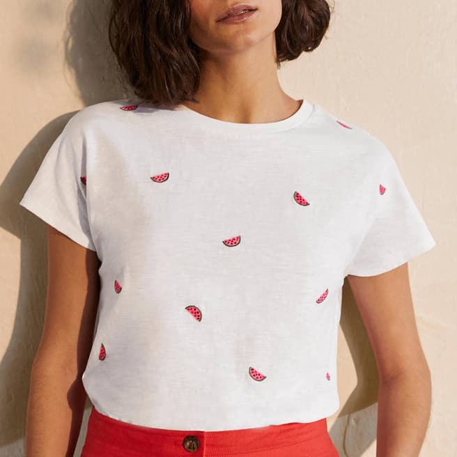 Boden White Embroidered Jersey T-Shirt