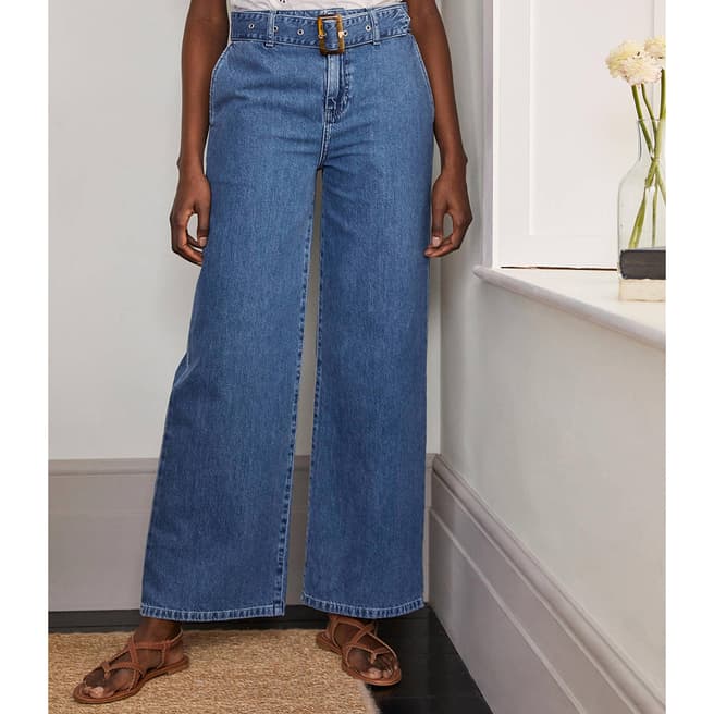 Boden Blue Belted Wide Leg Stretch Jeans