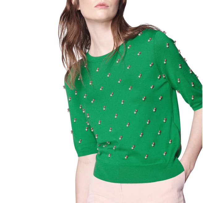 L K Bennett Green Sarah Silk Cotton Blend Knitted Top