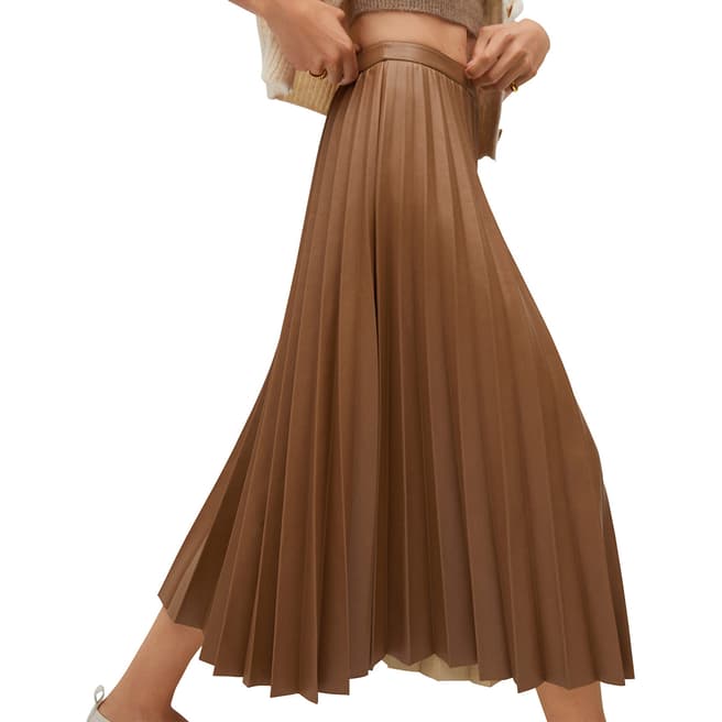 Mango Camel Faux-Leather Pleated Skirt