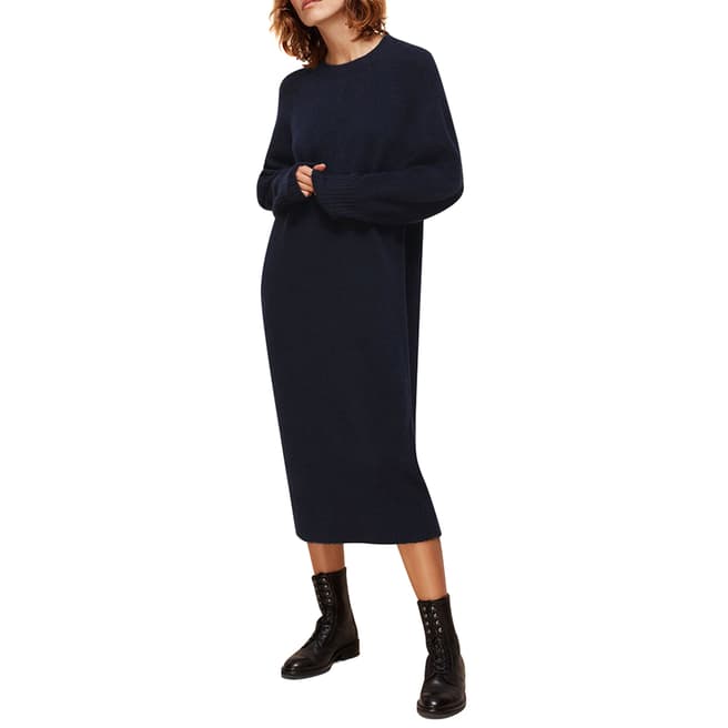 WHISTLES Navy Wool Blend Knitted Dress