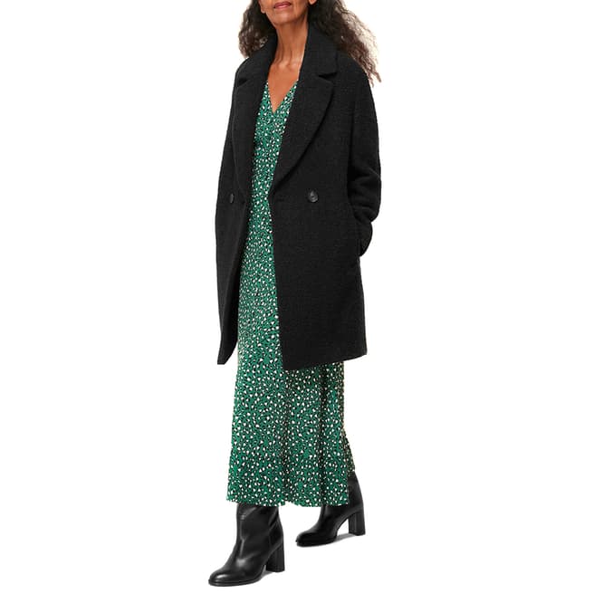 WHISTLES Black Boucle Double Breasted Wool Blend Coat