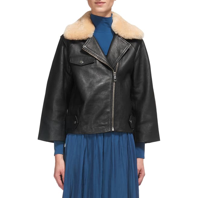 WHISTLES Black Eliza Wide Sleeve Leather Jacket