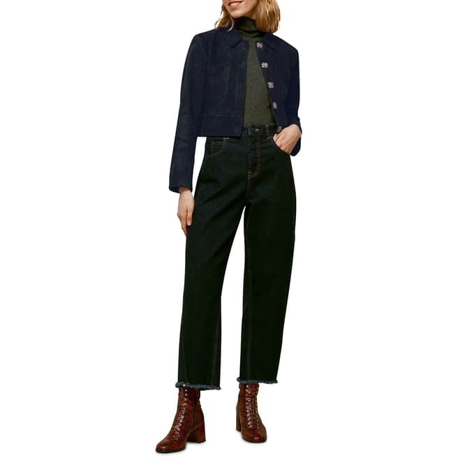 WHISTLES Navy Selena Cropped Suede Jacket