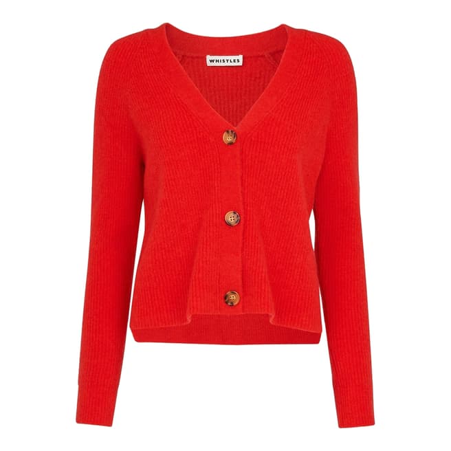 WHISTLES Red Ribbed Wool Blend Cardigan