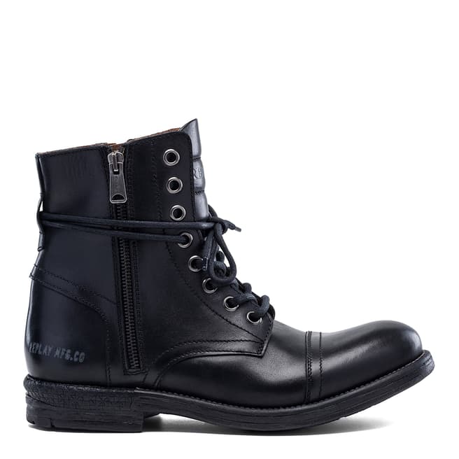 Replay Black Lace Up Leather Ankle Boots