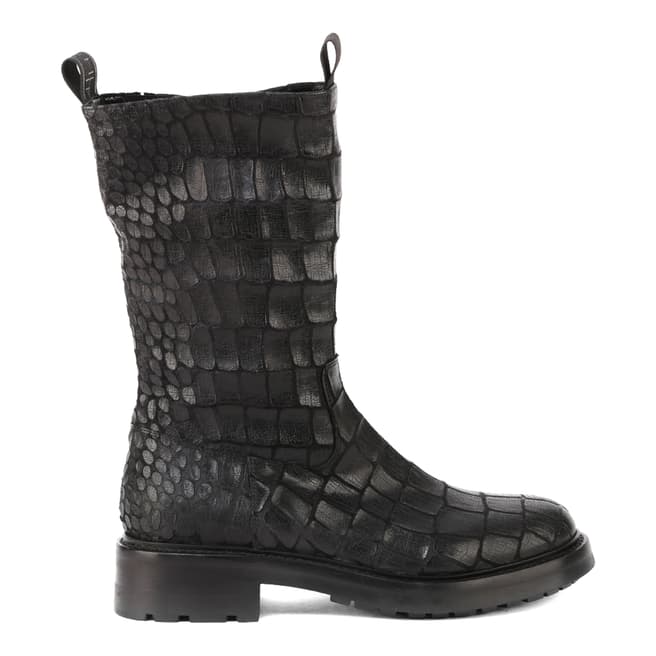 Elena Iachi Black Crocodile-Effect Embossed Leather Combat Boots