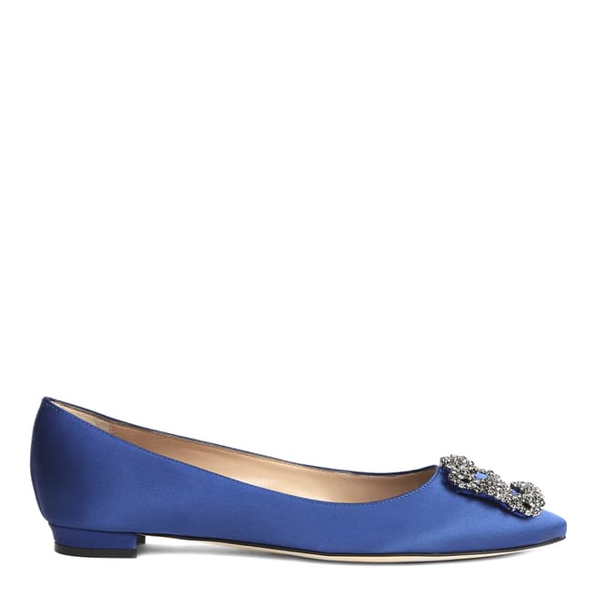 Manolo Blahnik Blue Satin Jewel Buckle Flat Shoes