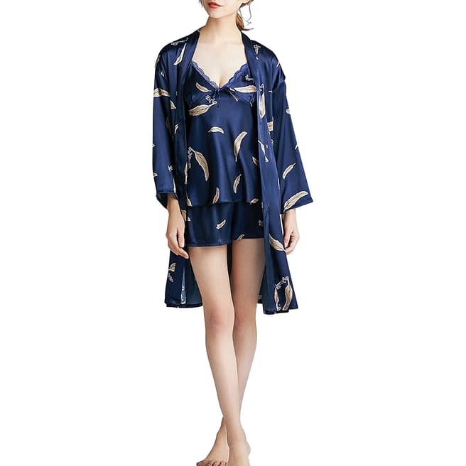 Yaoting Navy & Golden Print Robe, Nightdress, Top & Shorts