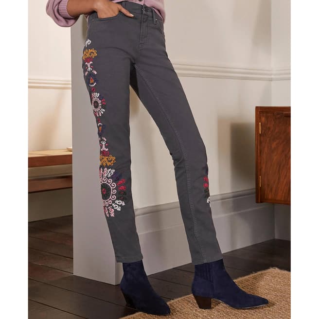 Boden Grey Embroidered Cotton Stretch Trousers