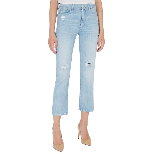 7 For All Mankind Light Blue The Straight Crop Distressed Stretch Jeans