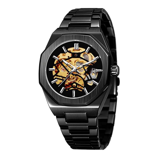 Stephen Oliver Black Plated Automatic Skeleton Watch