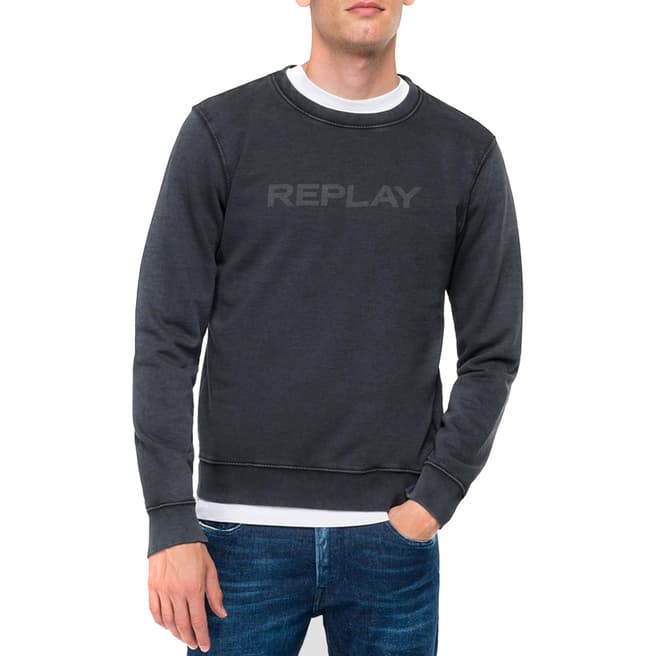 Replay Black Logo Print Cotton Sweatshirt