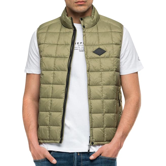 Replay Khaki Quilted High Neck Gilet
