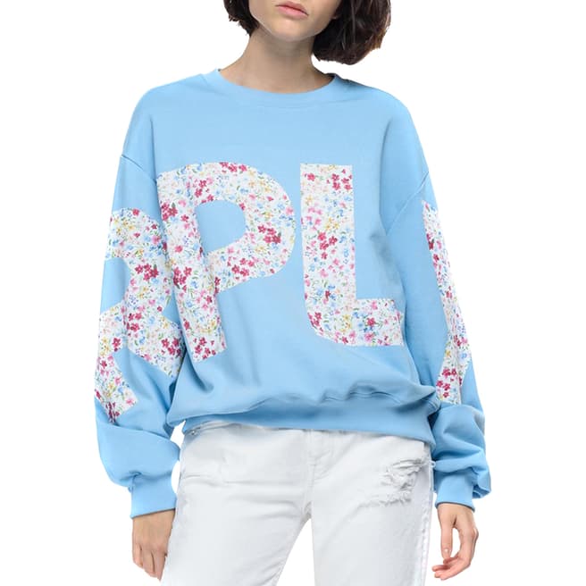 Replay Blue Floral Print Oversized Sweatshirt